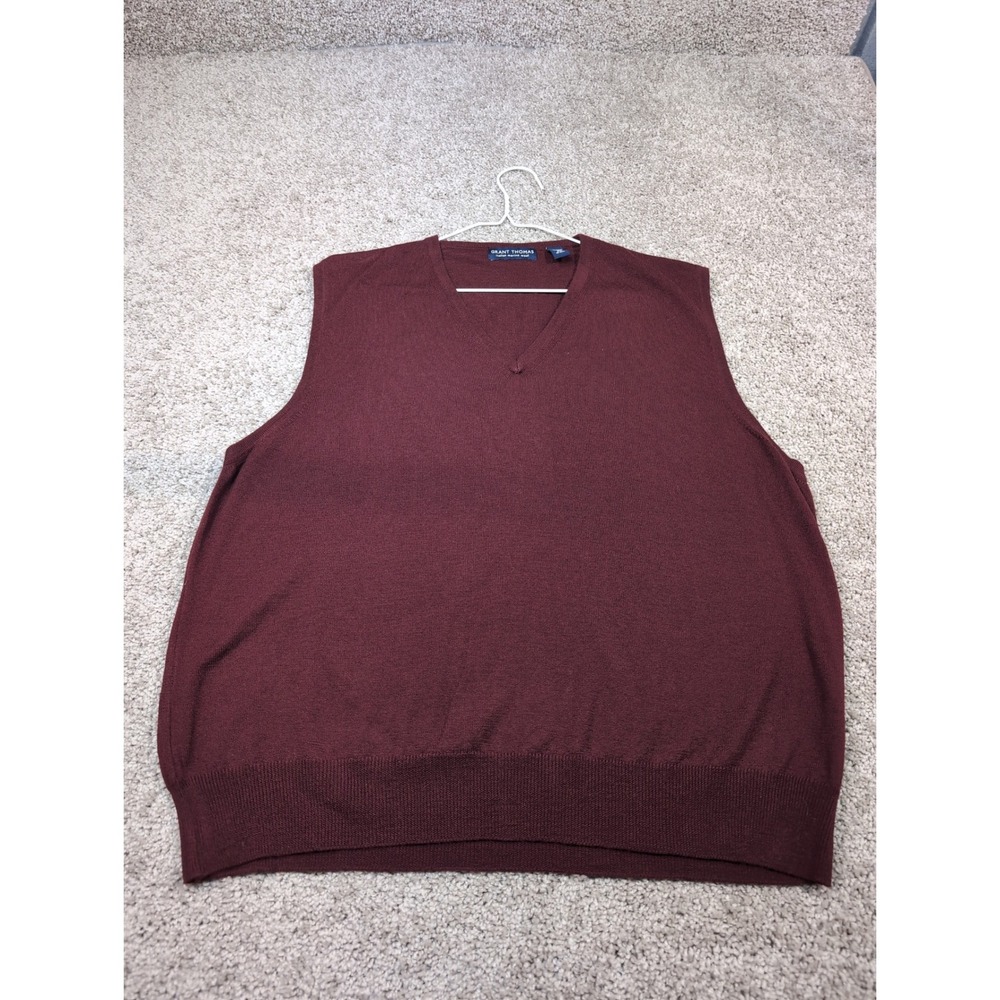 GRANT THOMAS Italian Merino Wool V Neck Sweater Vest Burgundy Men XL